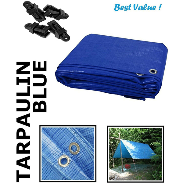 Blue Tarpaulin 60GSM Waterproof Cover Tarp Ground Sheet + 4 Tarp Clips