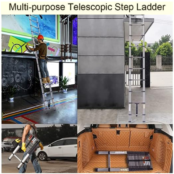 Aluminum Telescopic Ladder Lightweight Extension Ladder with Stabilizer Bar with Non-Slip Rubber Feet 