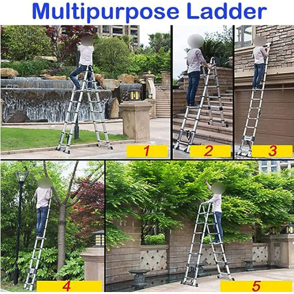 Aluminum Telescopic Ladder Lightweight Extension Ladder with Stabilizer Bar with Non-Slip Rubber Feet 