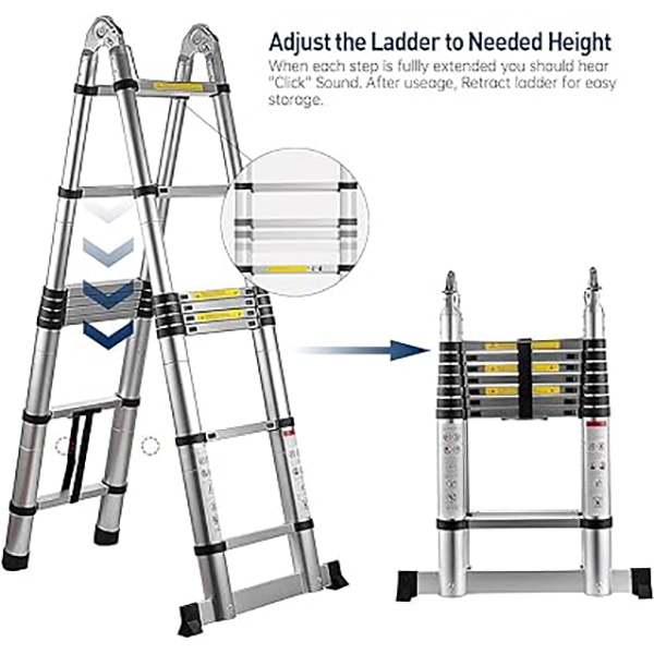 Aluminum Telescopic Ladder Lightweight Extension Ladder with Stabilizer Bar with Non-Slip Rubber Feet 