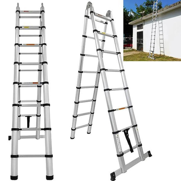 Aluminum Telescopic Ladder Lightweight Extension Ladder with Stabilizer Bar with Non-Slip Rubber Feet 