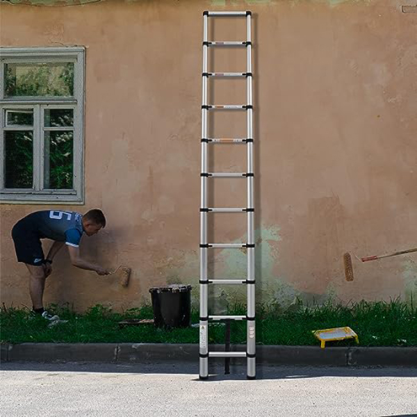 Aluminum Telescopic Ladder Lightweight Extension Ladder with Stabilizer Bar with Non-Slip Rubber Feet 