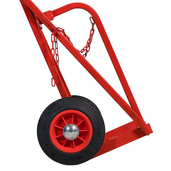 Red Steel Gas Bottle Trolley On Black Wheels