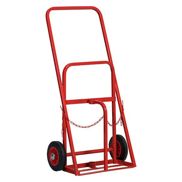 Red Steel Gas Bottle Trolley On Black Wheels