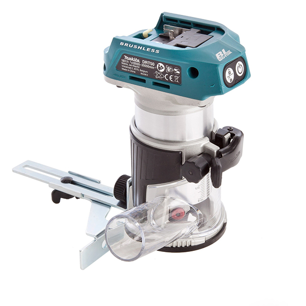 Connectable to Dust Extractor Makita Brushless Router/Trimmer (Body Only) with Trimmer Base & Straight Guide in Makpac