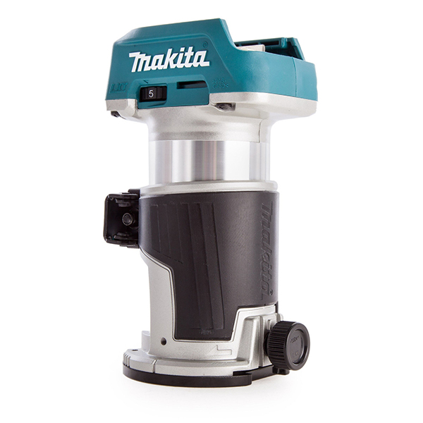 Connectable to Dust Extractor Makita Brushless Router/Trimmer (Body Only) with Trimmer Base & Straight Guide in Makpac