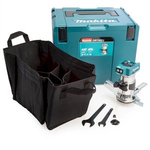 Connectable to Dust Extractor Makita Brushless Router/Trimmer (Body Only) with Trimmer Base & Straight Guide in Makpac