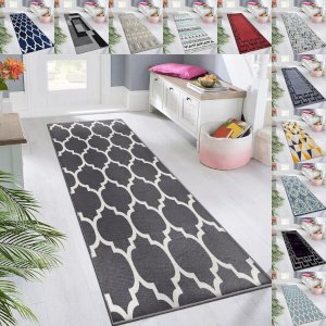 Non Slip Ava Grey Crystal Hallway Runner Washable Rugs Kitchen Carpet Floor Mats