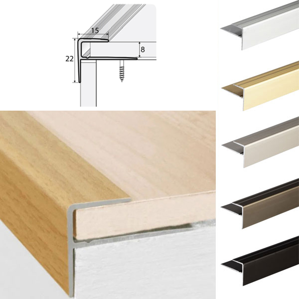 Push-In Anodised Aluminium Stair Nosing Edge Trim, Laminate or Wood Floors