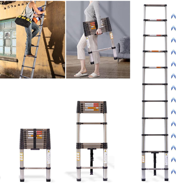 Stainless Steel Folding Ladder Retractable Library Ladder with Adjustable Step for Roof Work