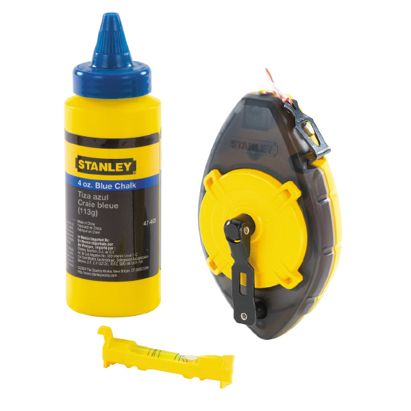 Stanley Power Winder Chalk Line, Level & Blue Builders Chalk with Steel Crank Handle