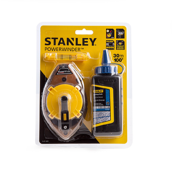 Stanley Power Winder Chalk Line, Level & Blue Builders Chalk with Steel Crank Handle