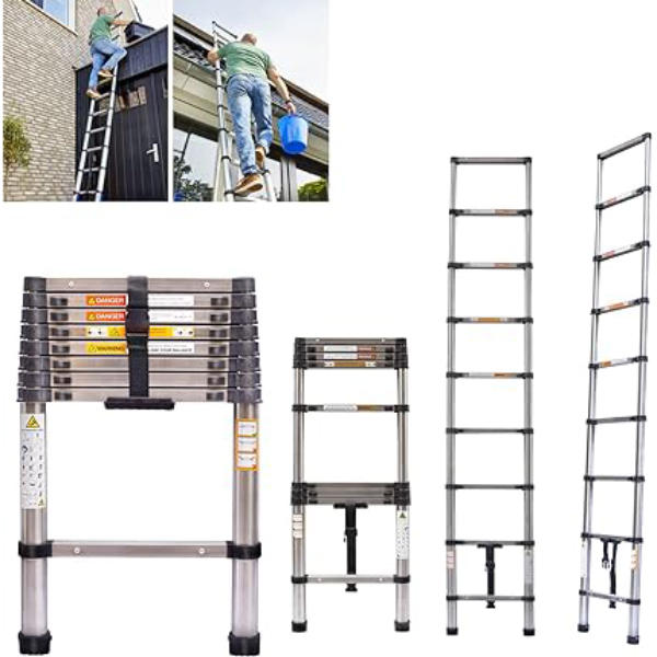 Telescopic Folding Ladder, Aluminium Heavy Duty Sturdy Straight Ladders