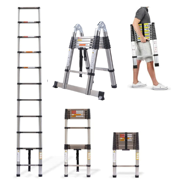 Telescopic Folding Ladder, Aluminium Heavy Duty Sturdy Straight Ladders