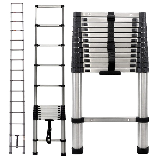 Telescopic Folding Ladder, Aluminium Heavy Duty Sturdy Straight Ladders