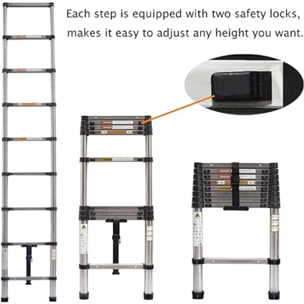 Telescopic Folding Ladder, Aluminium Heavy Duty Sturdy Straight Ladders