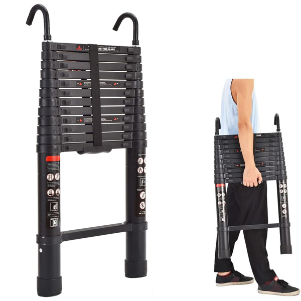 Telescopic Ladder Loft with 2 Hooks, Black Aluminium Extension Foldable Ladder Non-Slip Feet