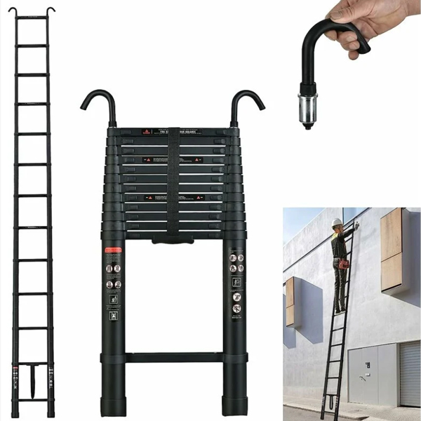 Telescopic Ladder Loft with 2 Hooks, Black Aluminium Extension Foldable Ladder Non-Slip Feet