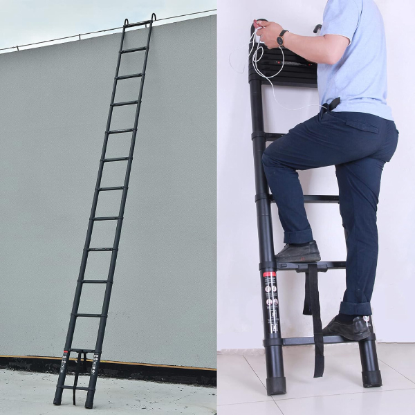 Telescopic Ladder Loft with 2 Hooks, Black Aluminium Extension Foldable Ladder Non-Slip Feet