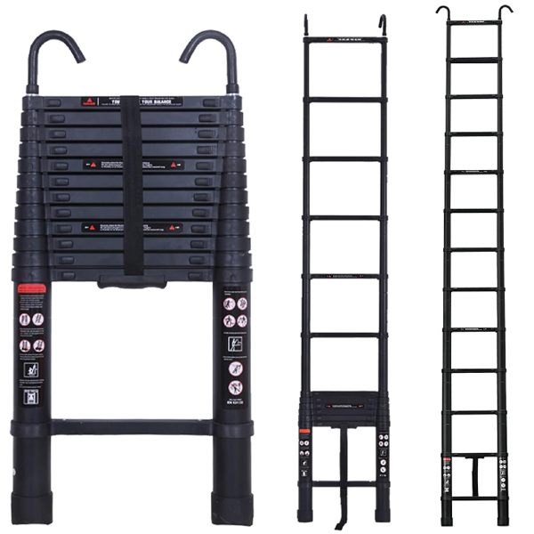 Telescopic Ladder Loft with 2 Hooks, Black Aluminium Extension Foldable Ladder Non-Slip Feet