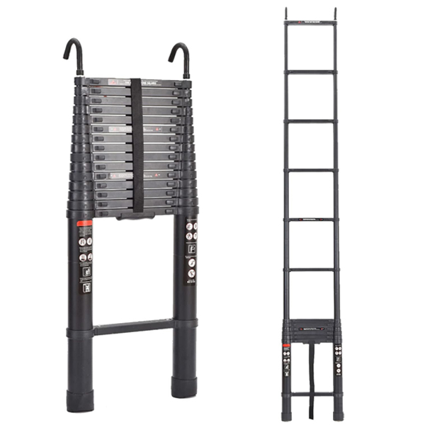 Telescopic Ladder Loft with 2 Hooks, Black Aluminium Extension Foldable Ladder Non-Slip Feet