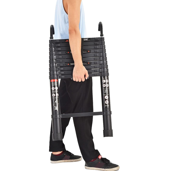 Telescopic Ladder Loft with 2 Hooks, Black Aluminium Extension Foldable Ladder Non-Slip Feet