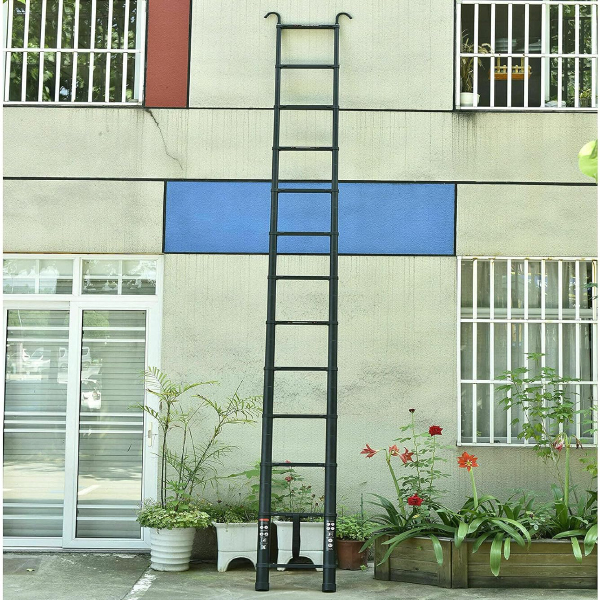 Telescopic Ladder Loft with 2 Hooks, Black Aluminium Extension Foldable Ladder Non-Slip Feet