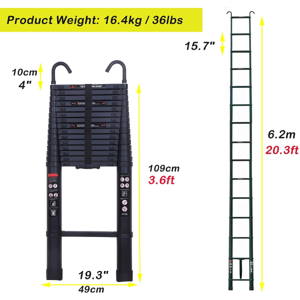 Telescopic Ladder Loft with 2 Hooks, Black Aluminium Extension Foldable Ladder Non-Slip Feet