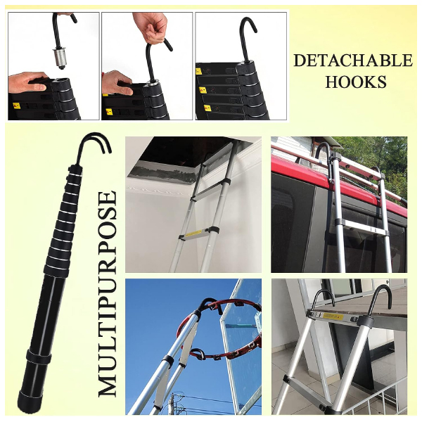 Telescopic Ladder Loft with 2 Hooks, Black Aluminium Extension Foldable Ladder Non-Slip Feet