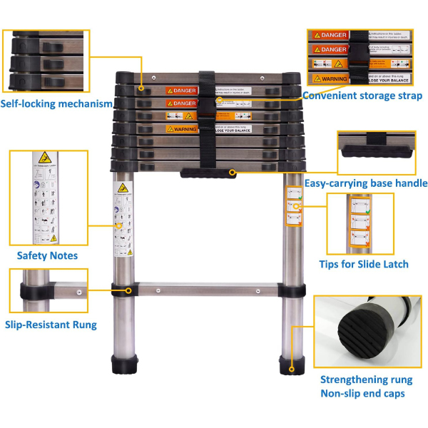 Telescoping Ladder Multi-Purpose Folding Stainless Steel Retraction Extension for Homes