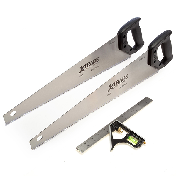 XTrade Stainless Steel Blade Hand Saw 2 x 550mm & Combination Square Pack