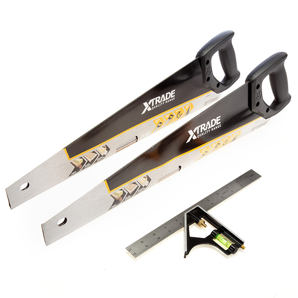 XTrade Stainless Steel Blade Hand Saw 2 x 550mm & Combination Square Pack